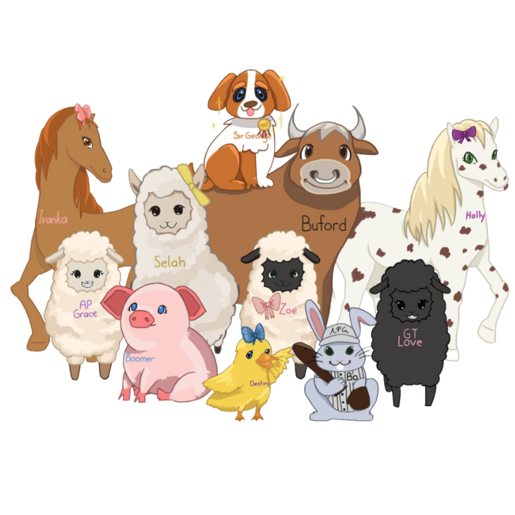 A.P. Grace, Sir George, Bo, Ivanka, Selah, Buford, Holly, Boomer, Zoe, Destiny and GT Love — the whole meadow family